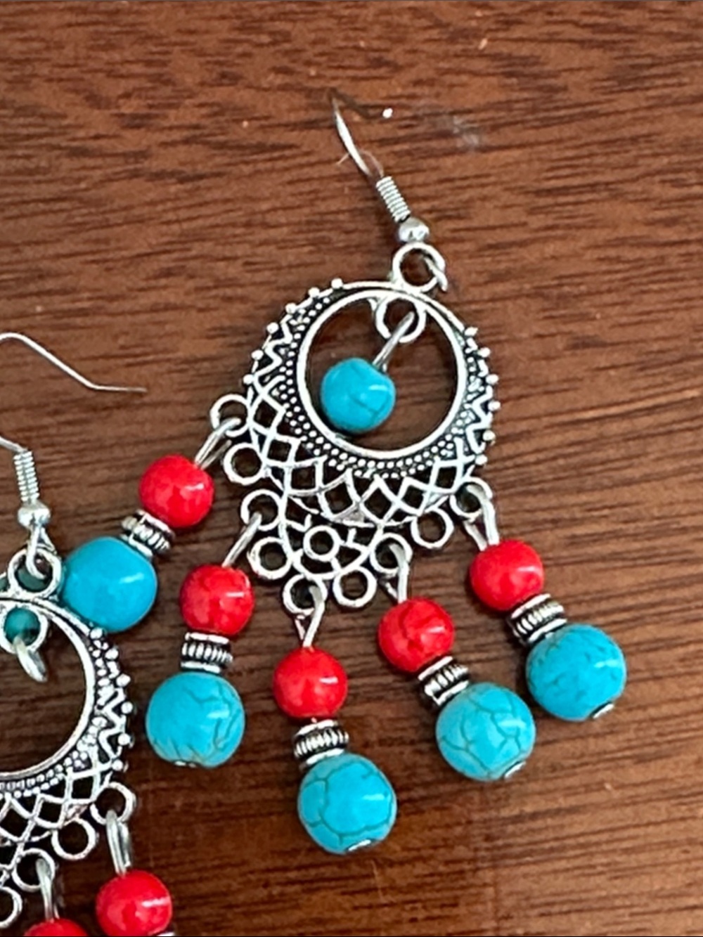 Fashion Jewelry Turquoise and Red Beaded Chandelier Earrings - Picture 5 of 8